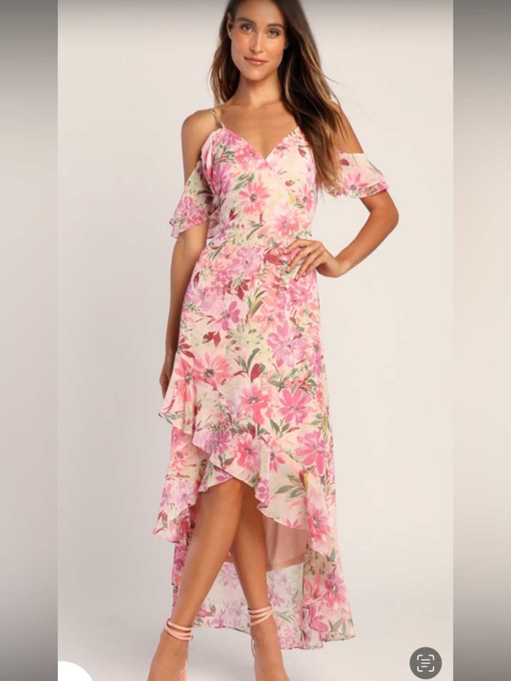 Lulu's Pink Floral High-Low Cold-Shoulder Dress